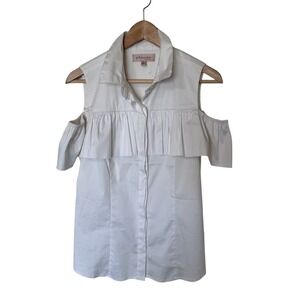 Philosophy Cold Shoulder Ruffle Top Womens PL White Excellent Button Up Blouse